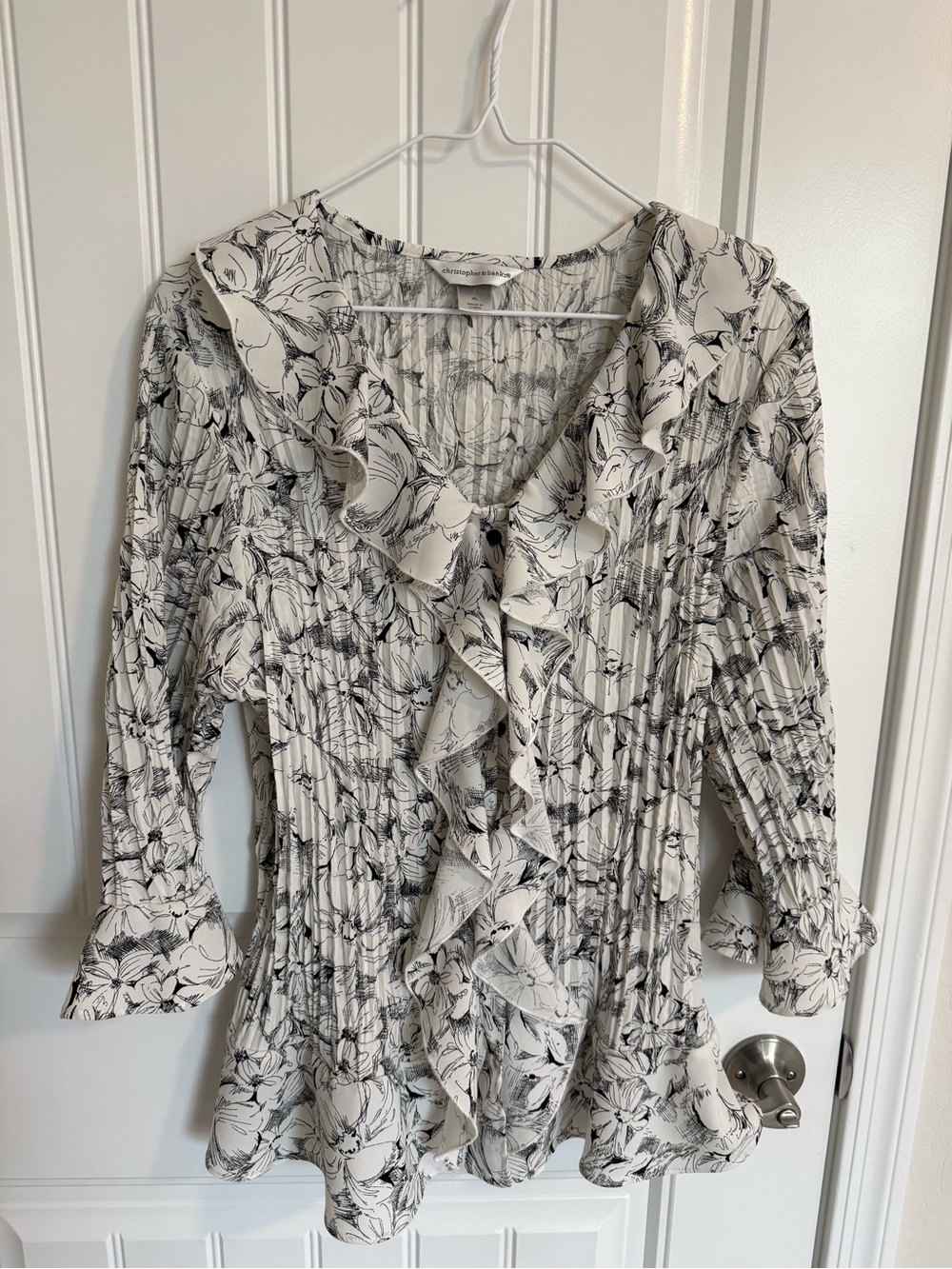 Christopher & Banks Black and White Ruffled V-Neck Floral button up Top